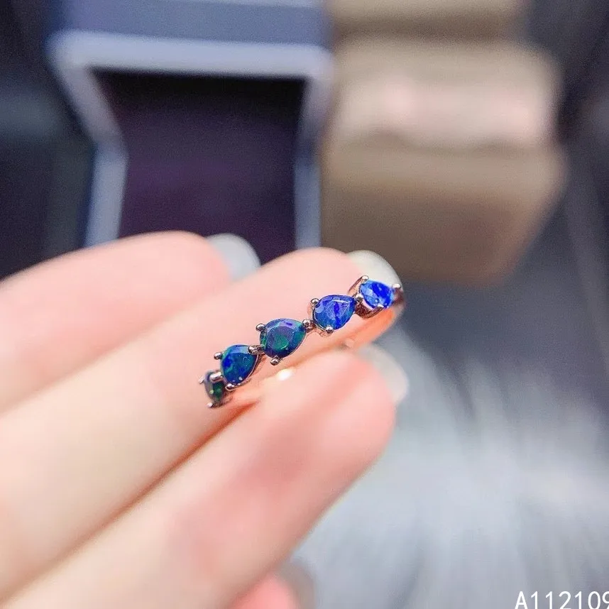 Fine Jewelry 925 Sterling Silver Inlaid With Natural Gem Women's Luxury Exquisite Drop Black Opal Adjustable Row Ring Support De