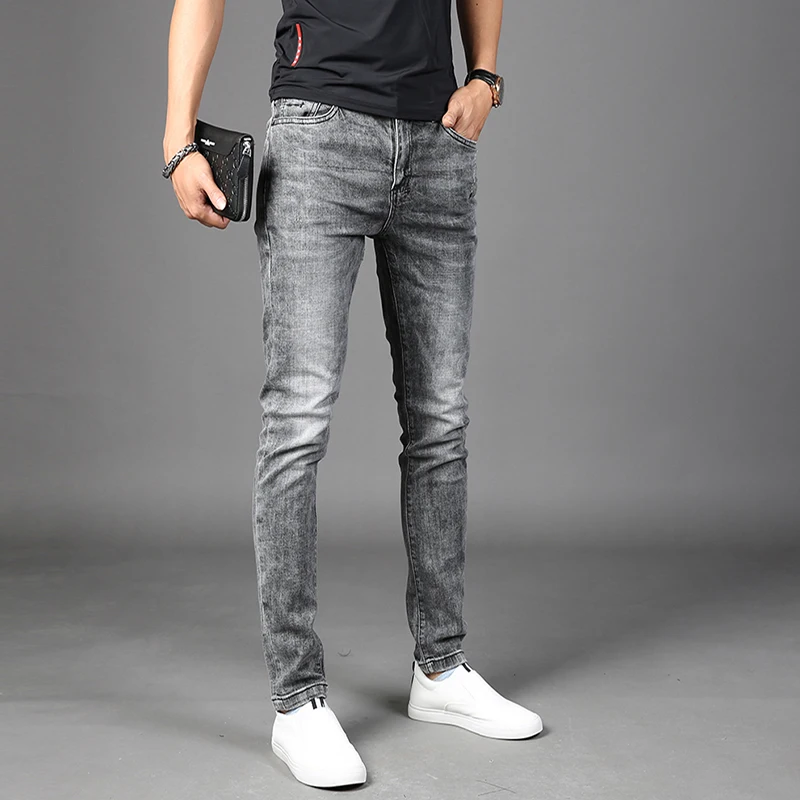 

Summer Grey Jeans Men Cotton Stretch Slim Fit Pants Fashion Korean Style Denim Trousers