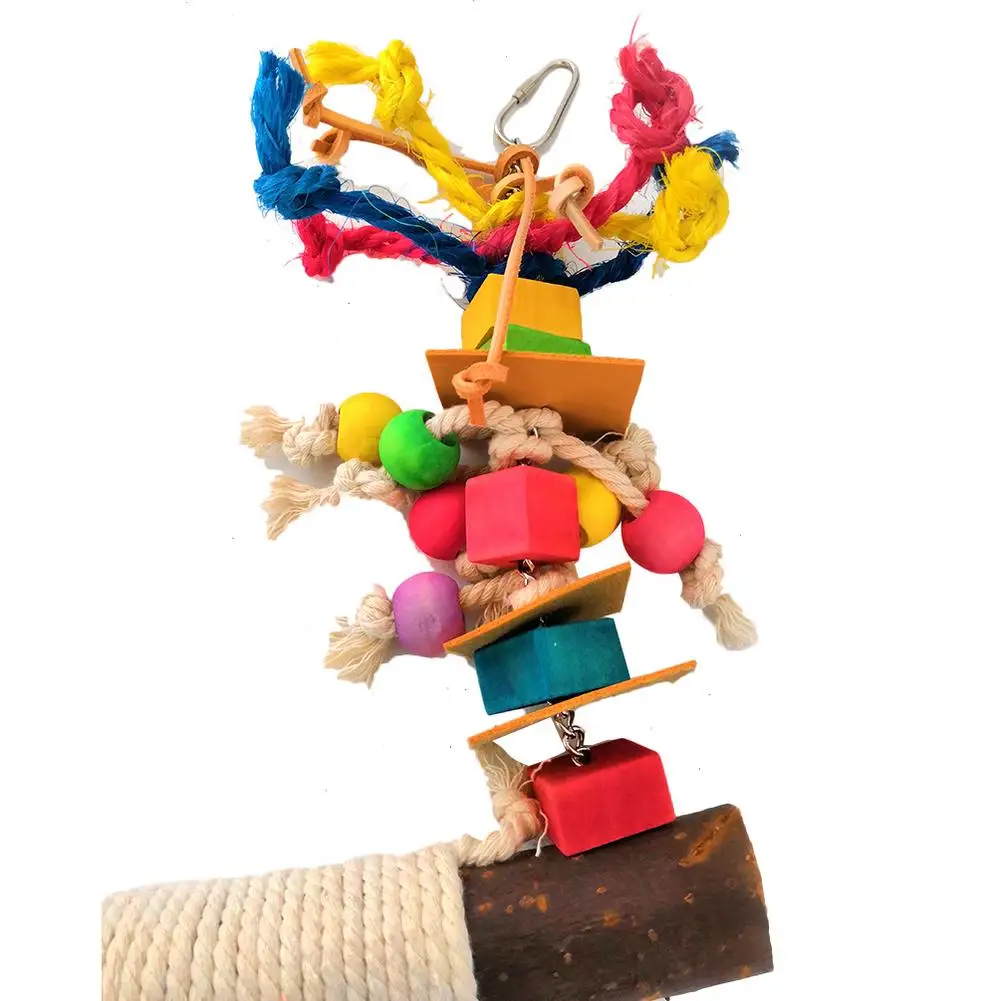 Parrot Toy Bird Bite Toy Perch Wooden Leather Colorful Building Block Cotton Rope Big Swing Standing Training Toys For Pet Birds