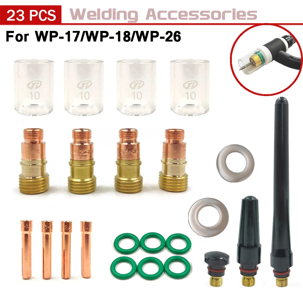 23Pcs TIG Welding Torch Stubby Gas Lens For WP17 WP18 WP26 TIG Back Cap Collet Bodies Spares Kit Pyrex Glass Cup Accessories