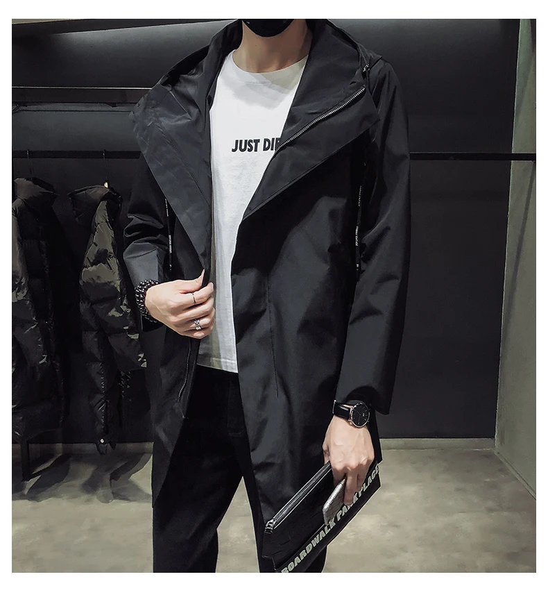 New Men\'s Black Trench Coat Hooded Windbreaker Coats M-4XL Casual Male Clothing Windproof Outwear