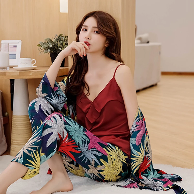 Kupokasi 3 Pieces Women Pajamas Set Plant Printed Satin Silk Pyjama Suit Casual Sleepwear For Female Homewear Summer Robe