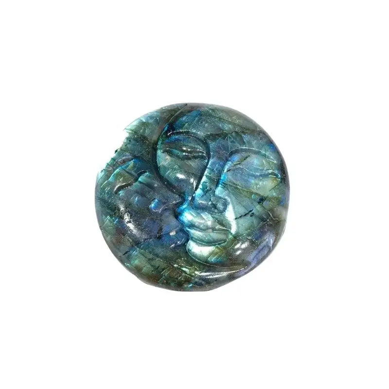 

Hand Carved Natural blue Flash Labradorite Plam Stone Sun And Moon Face Carving