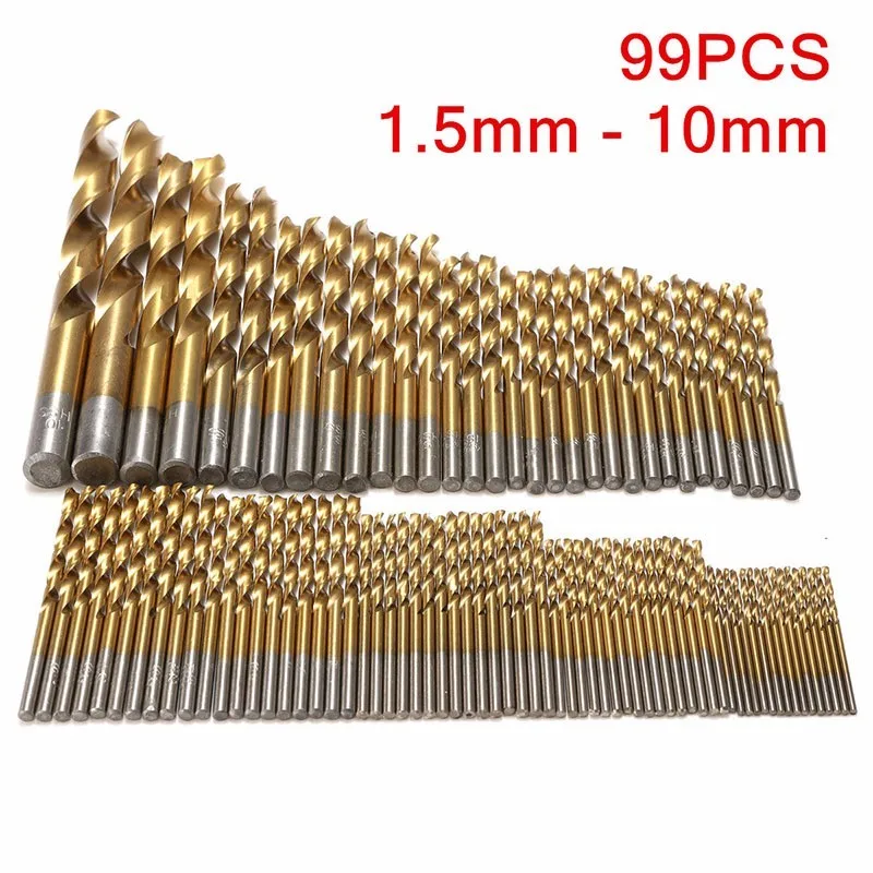 New 99PCS Iron Box packing  HSS Twist Drill Bits Set 1.5-10mm Titanium Coated Surface 118 Degree For Drilling woodworking