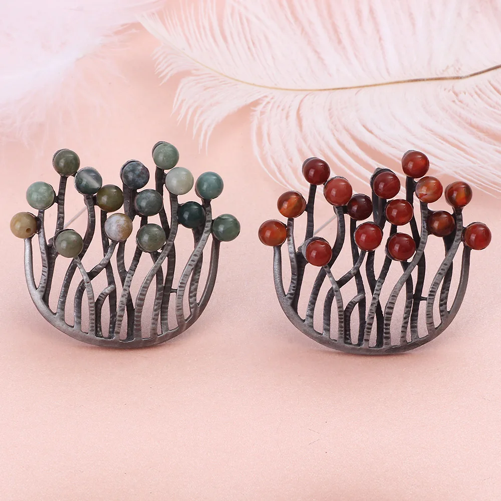 FARLENA Jewelry Natural Stone Tree Brooches for Women Vintage Red green stone pendant pin brooch