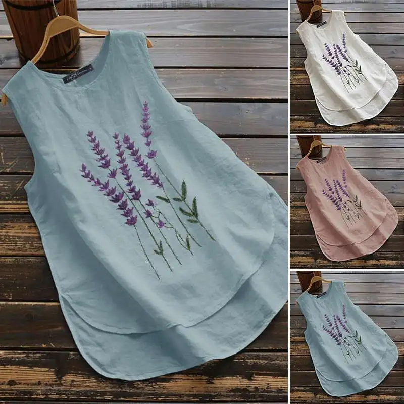 Women\'s Embroidery Tops 2023 ZANZEA Stylish Summer Tank Blouse Casual Sleeveless Floral Blusas Female Asymmetrical Tunic