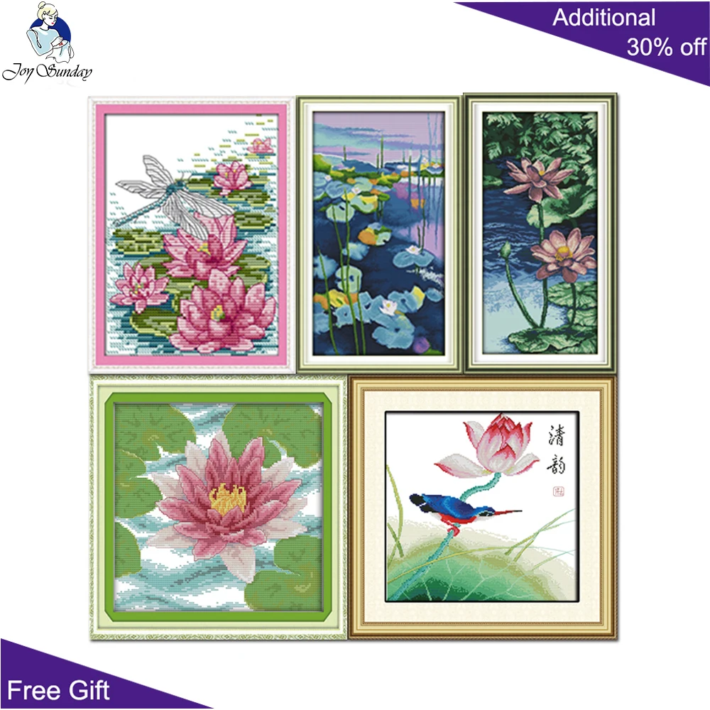 Joy Sunday-Lotus, Dragonfly, Water Lilies, Purple Lotus, Refreshing Flowers, Cross Stitch Kits, H382, H468(3), H484, H663, H702