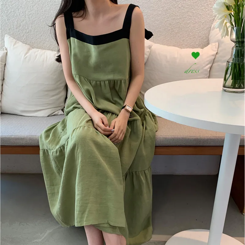 Summer Green Vintage Elgant Sleeveless Long Tank Dress Women 2020 Loose Straight Cascading Pleat Casual Sundress