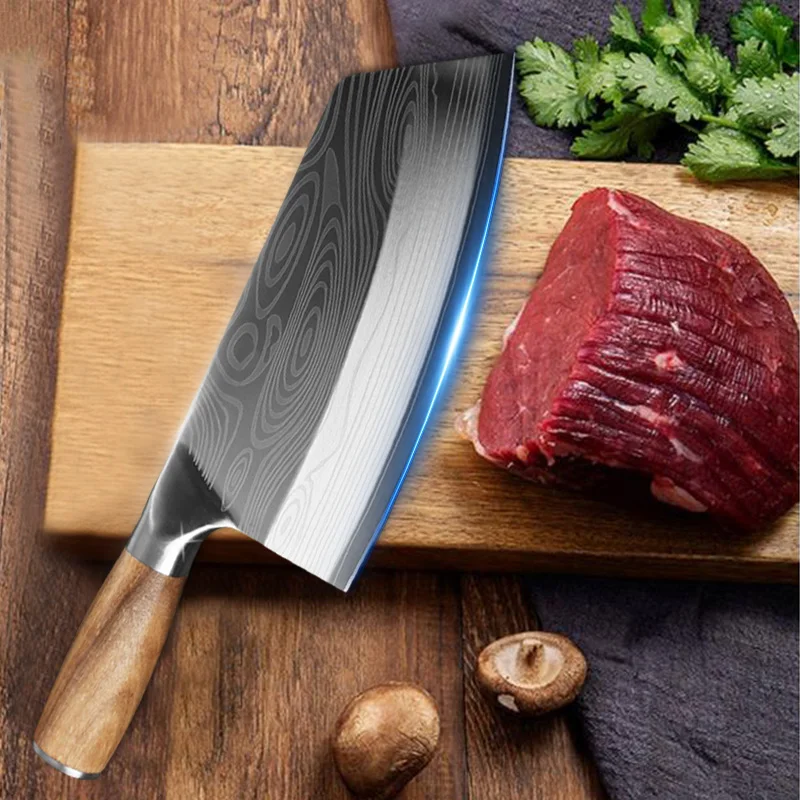 

Chinese Kitchen Knife Damascus Laser Pattern Stainless Steel Butcher Knife with Wooden Handle Butcher Knife