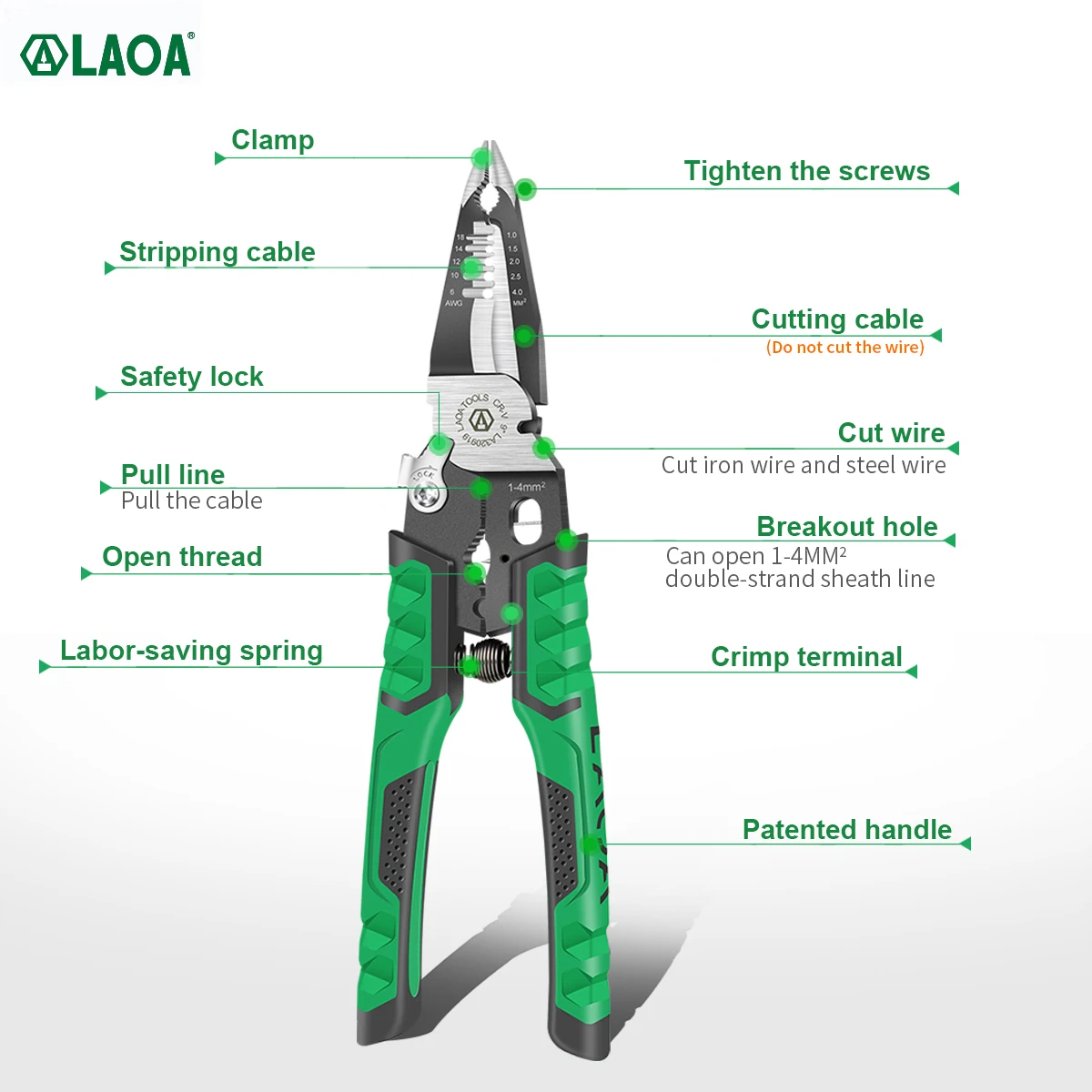 LAOA 9 in 1 Electrician Pliers  Wire Cable Cutters LA320919 Terminal Crimping Universal Wire Cutter