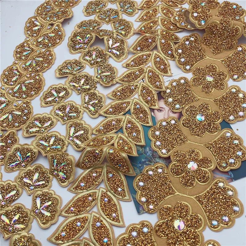 Gold and silver rhinestone Embroidered Motif  rhinestone iron on applique Lace Nigeria Venice