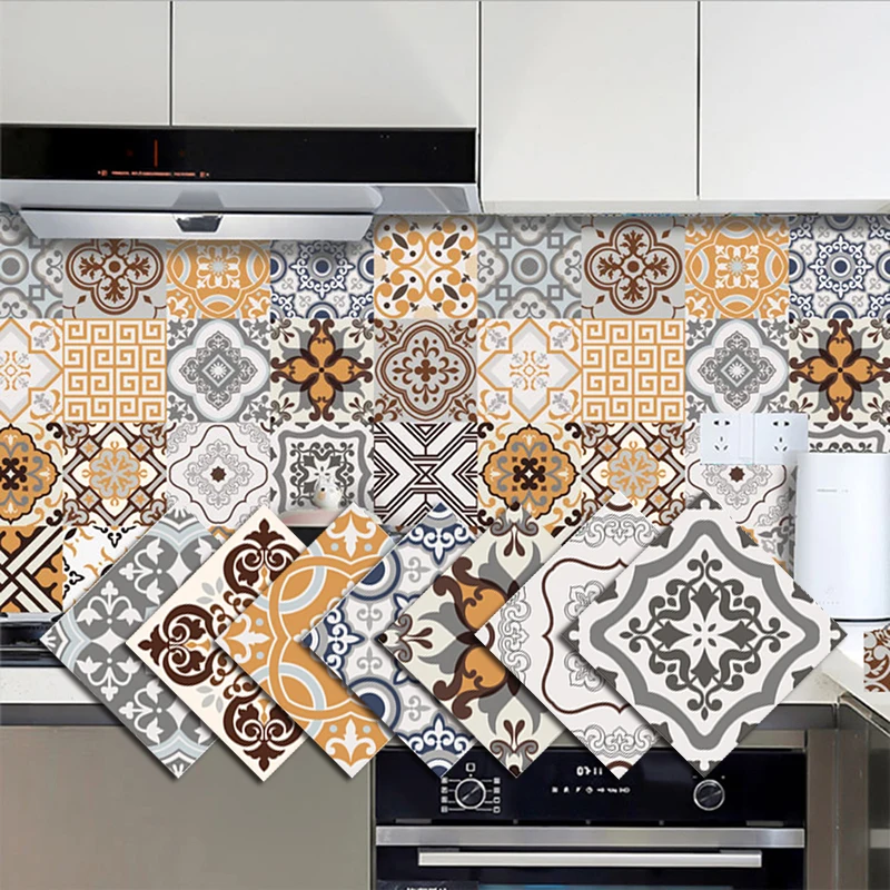 

10pcs Pattern Floor Stickers Kitchen Bathroom Floor Tiles Self-adhesive Tiles Waterproof Decorative Film Tiles 3D Wall Stickers
