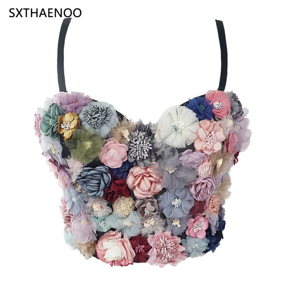 

SXTHAENOO Sexy & Charming Applique Floral Corselets Women's Bachelorette Bustier Bra Cropped Top Party Wedding Bralette Vest топ