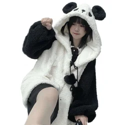 Hoodies de orelhas Kawaii Panda feminino, moletom com capuz, bolas de pelúcia, zíper, solto, fofo, adolescente, garotas da escola, roupas JK, inverno