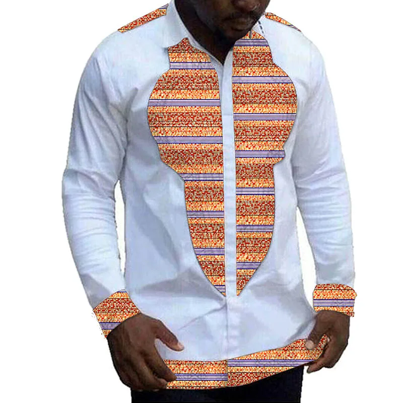 African Clothing Men\'s Shirt Print Wax On White Patchwork Design Lapel Tops Nigerian Fashion Male Groom Wear