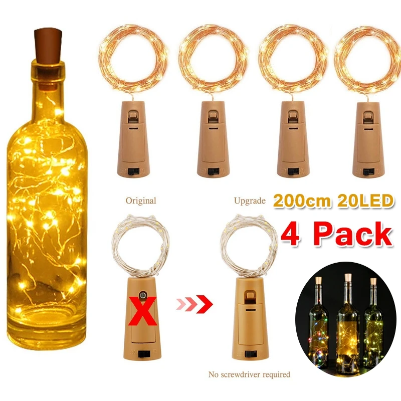 

1/4 Pack New String Led Wine Bottle with Cork 200cm 20 LED Bottle Lights Battery Cork for Party Wedding Christmas Halloween Bar