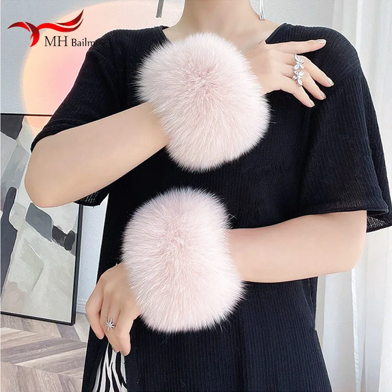 Women 100% Real Fox Fur Wrist Cuffs Winter Warmer White Arm Warmers Covers Luxury Natural Fashion Lady Detachable Sleeves