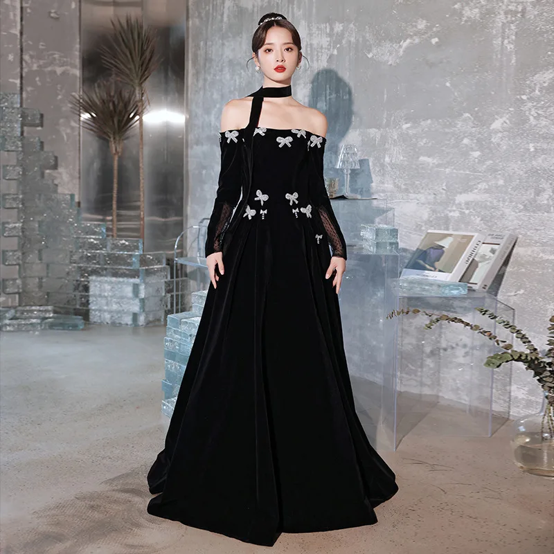 

Elegant Prom Black Velour Long A-Line Dresses Luxury Off-shoulder Long Sleeve Formal Party Evening Gown Vestidos