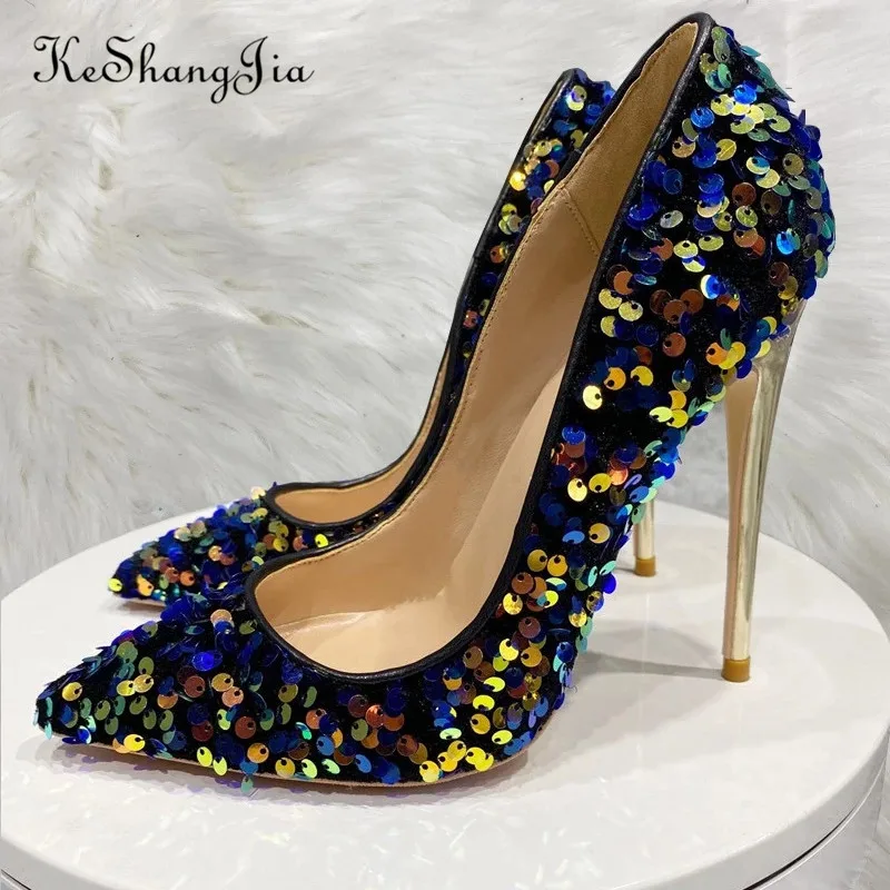 Keshangjia Blue Bling Sequins Women Sexy Extremely High Heels Pointed Toe Slip On Stiletto Chic Pumps Ladies Party Wedding Shoes