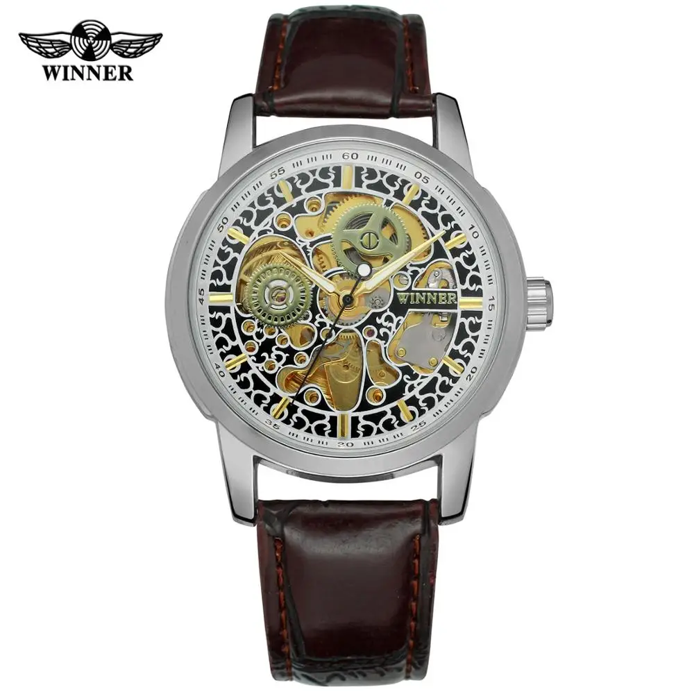 

WINNER Retro men's and women's watches brown casual leather watches automatic mechanical wrist watches