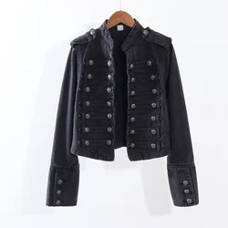 2024 Autumn Military Style Handsome Stand Collar Denim Jackets Women Double-breasted Slim Short Black Jeans Jacket Coat Female