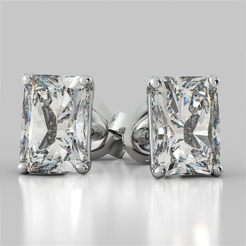 Huitan Rectangle Cubic Zirconia Stud Earrings Simple Stylish Design Elegant Women Earrings Silver Color Wedding Eternity Jewelry