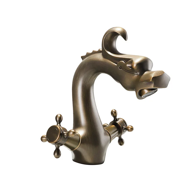 Vintage Full Copper Dragon Carved Spout Brushed Finish Basin Mixer with Dual Handles for Hot and Cold Water Brass Faucet