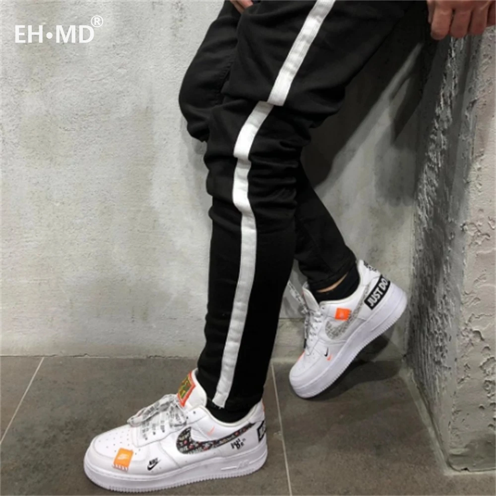 EH · MD® Beaded Jeans Men's Feet Casual Trousers Soft Fabric Large Pocket Solid Color Fashion Slim 2020 New Trendy Brand Black