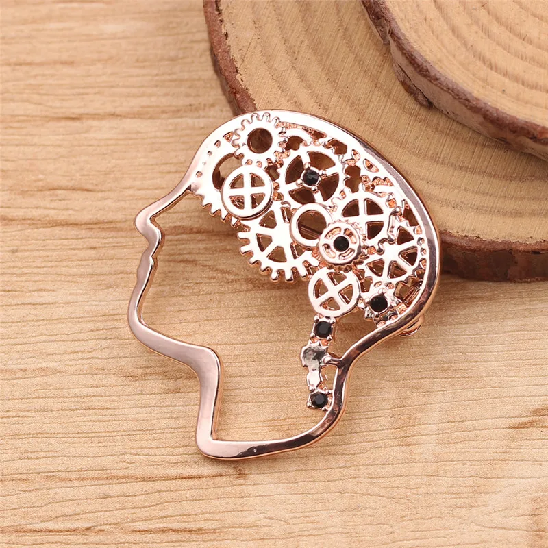 Creative Personality Brain Mechanical Brooches Hollow Metal Rhinestone Pins High Quality Denim Jacket Badge Brooches Jewelry