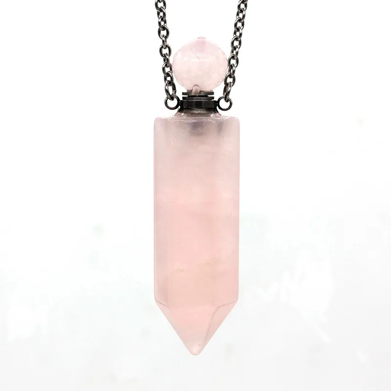 

Trendy-beads Stainless Steel Hexagon Prism Section Natural Rose Pink Quartz Pendant Perfume Bottle Necklace for Women Jewelry