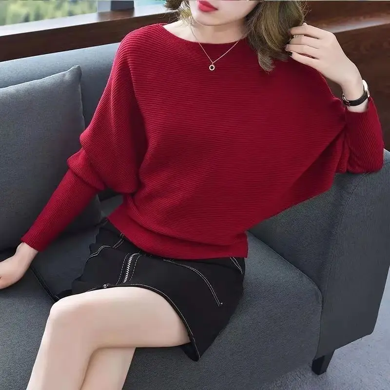 19 Colors Women Knitted Long Batwing Sleeves Loose Sweater Autumn Outstreet High Stretch Knitwear Wide Collar Pullover Knits