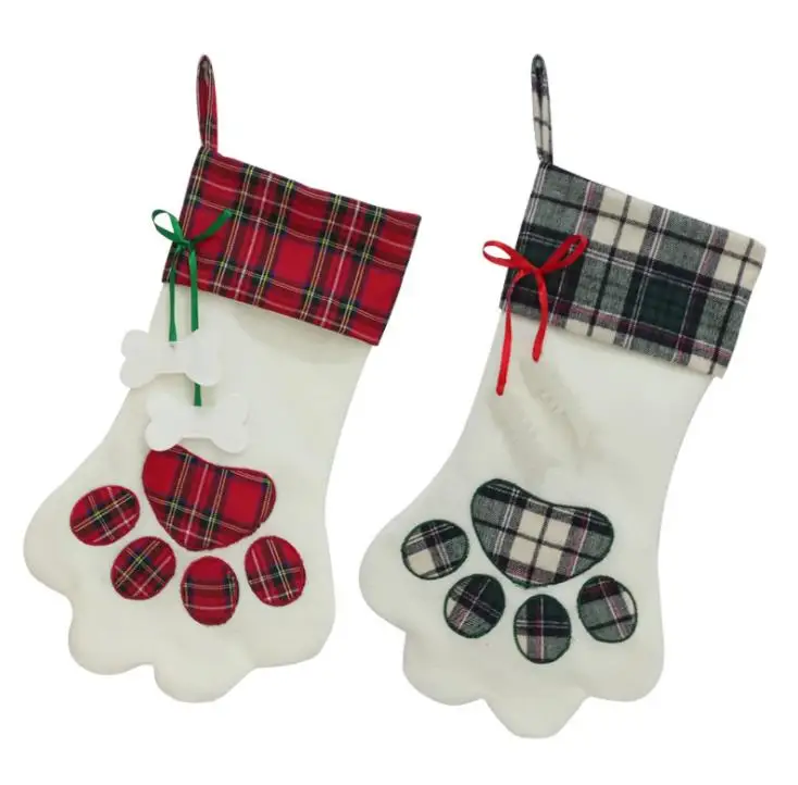 50pcs Dog Paw Plaid Gift Bag Pet Christmas Stocking Animal Christmas Stocking for Kids Candy Bag Gifts Christmas Indoor Decor SN