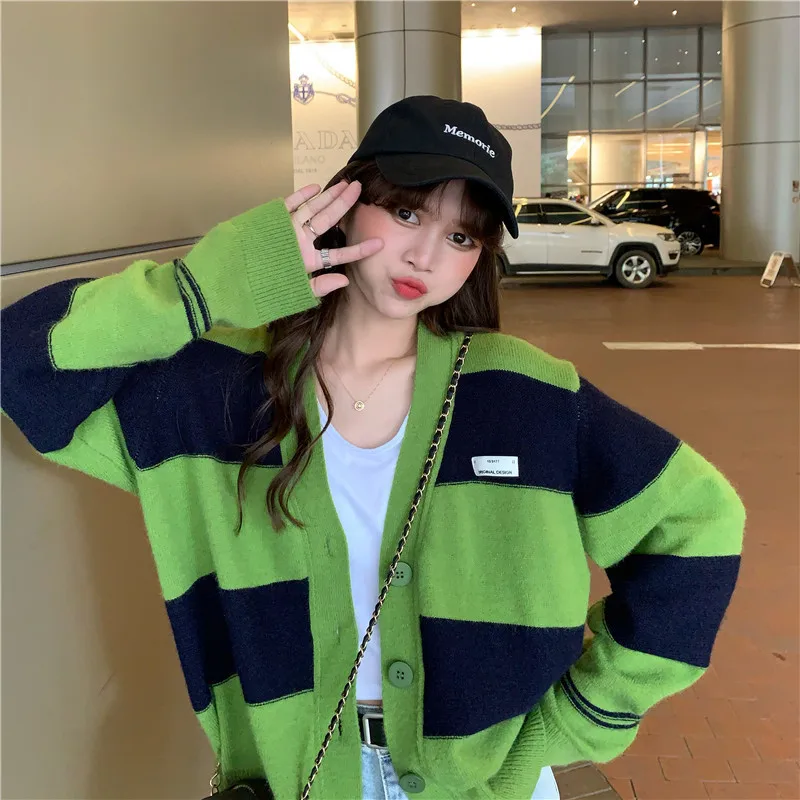 

Women's Sweater Jacket Autumn Winter French Retro Wide Striped Tops V-Neck Cardigan Long-Sleeve Female's Blouse Coat 2021 New