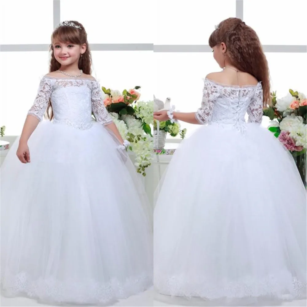 

Vintage White Flower Girl Dresses For Wedding Lace Applique Half Sleeve Princess Lace-Up Kids Holy Communion Party Dresses