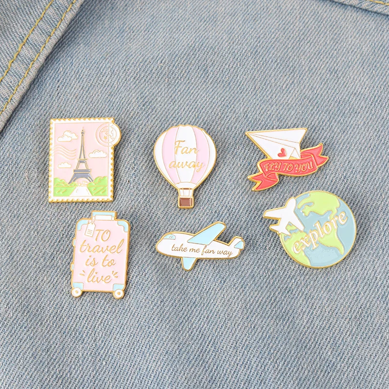 Cartoon Postage Suitcase Airplane Brooches Travel Life Enamel Pins Bag Lapel Badge Fashion Journey Jewelry Gift for Kids Friends