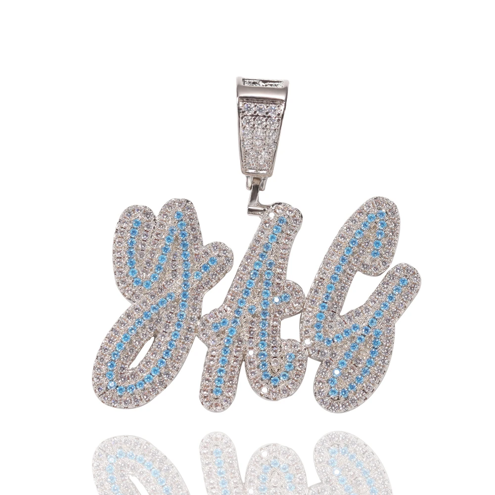 The Bling KIng Silver Color DIY Middle Blue Orange Stones Double Layer Brush Letters Name Pendant Personalised Gift Shinning