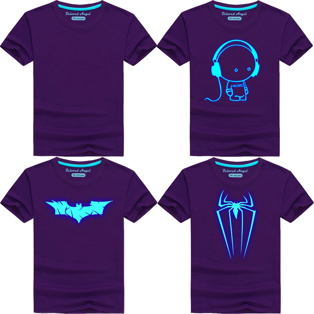 New Summer Short Sleeve Luminous T-Shirt For Boys Cartoon Anime T-Shirt Fashion Casual Kids Girls Purple Tops Tees 3-15 Years