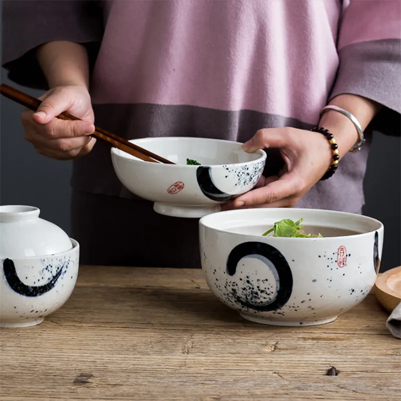 Japanese Style Ceramic Dessert Stew Pot Creative Noodle Soup Ramen Bowl Household Rice Bowl with Lid, Dinnerware Set, 6.5 \