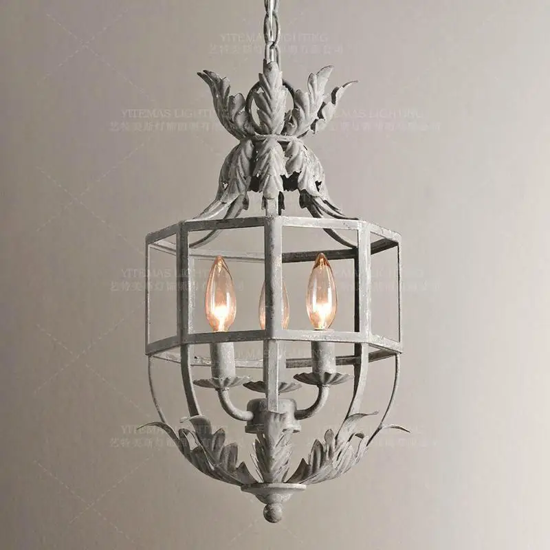 Retro white hanging chandelier lights vintage Grey Metal Cage lantern chandelier lighting fixtures for bedroom kitchen nursery