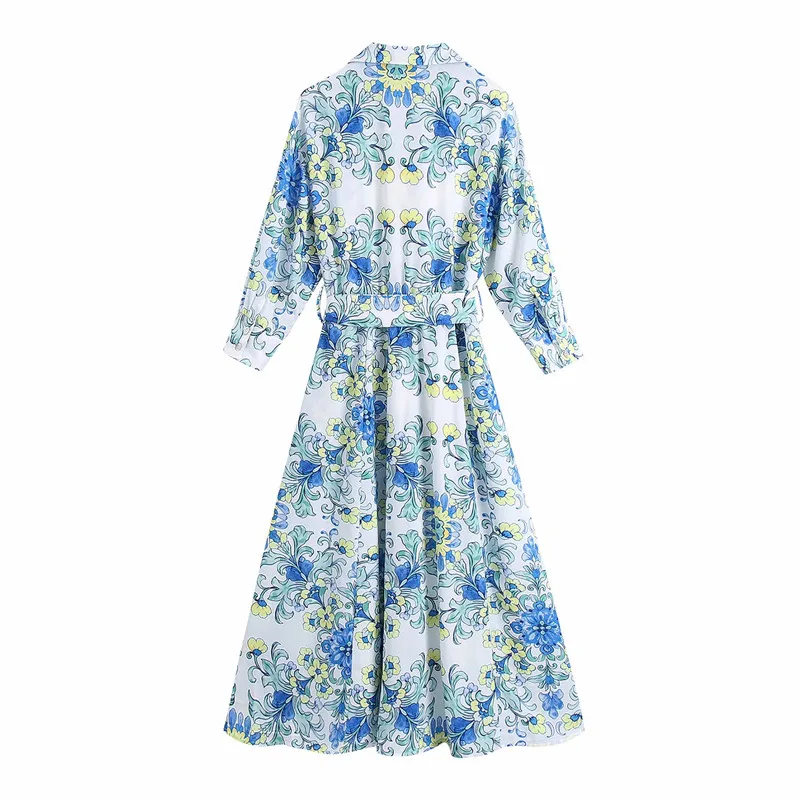 Evfer Women Fashion Blue Floral Print High Waist Nice Za Long Dress With Belt Girls Elegant Long Sleeve V-Neck Summer Dresses