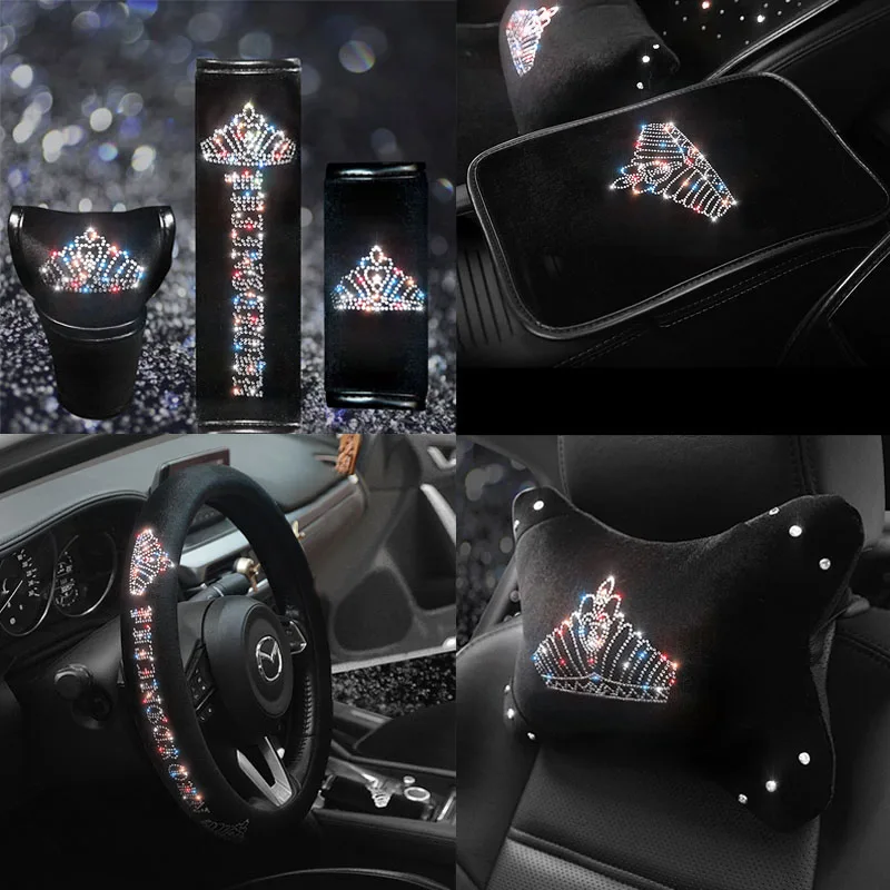 Crystal Diamond Car Steering Wheel Covers Crown Handbrake Gear Cover Seat Belt Shoulder Headrest Pads Auto Interior Accessories