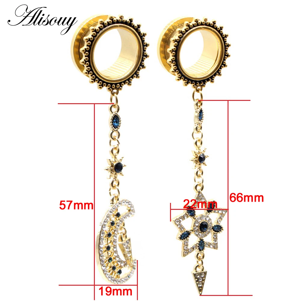 Alisouy 2pcs Star Moon Pendant Stainless Steel Ear Gauges Plugs Tunnels Expander Flesh Stretched Earrings Piercing Body Jewelry image 5