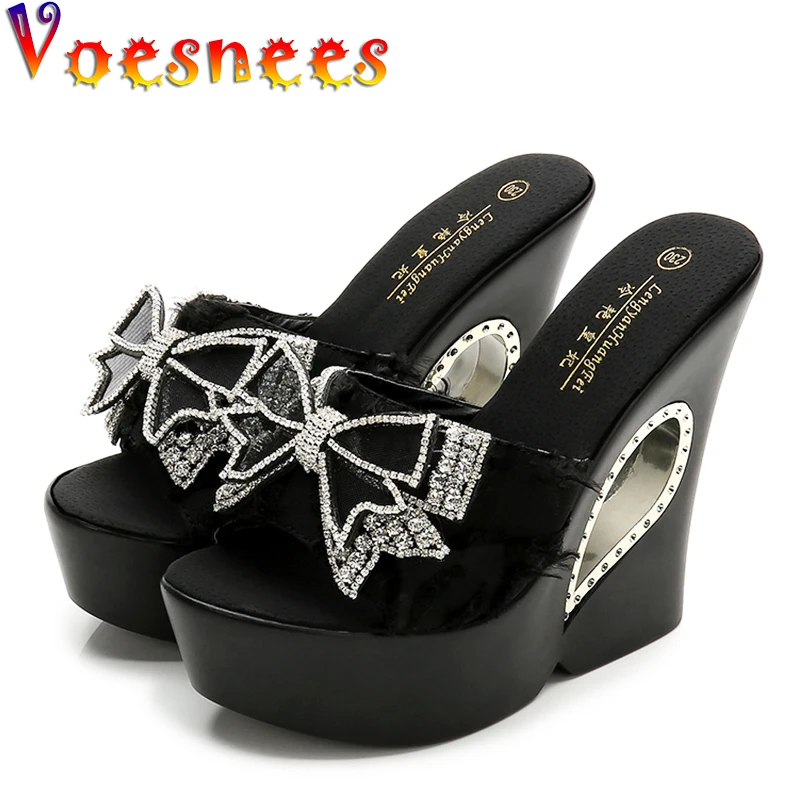 Voesnees Ladies Slippers Sexy Comfortable Wild Wedge Outdoor Sandals Summer Women\'s Shoes Thick Bottom Rhinestone Bow Slide