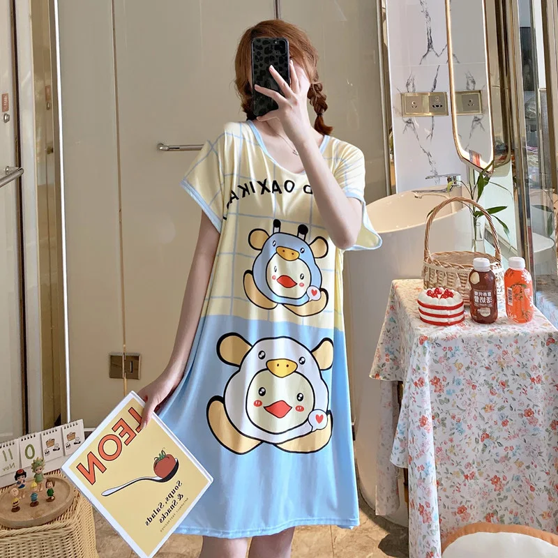 Summer Night Wear Loose Thin Youth Nightdress Cartoon Printed Sleep Wear Short Sleeve Casual Girls Students Sleepwear Loungewear