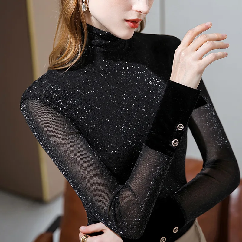 Turtleneck Bottoming Shirt Women Autumn and Winter Style Mesh Sexy Stretch Long-sleeved T-shirt Stitching Velvet Glitter Top