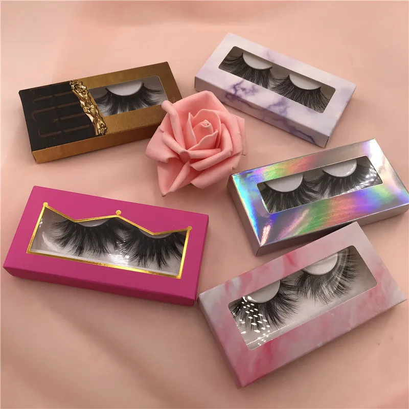 Eyelash Vendor 100% Real Mink 25mm Dramatic Lash with Holographic Pink Crown Lash Paper Box