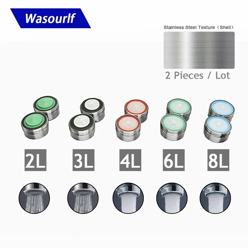 WASOURLF 2 PCS Aerator do kranu oszczędzający wodę Obudowa ze stali nierdzewnej M24 Gwint męski 2L 3L 4L Akcesoria kuchenne Montaż