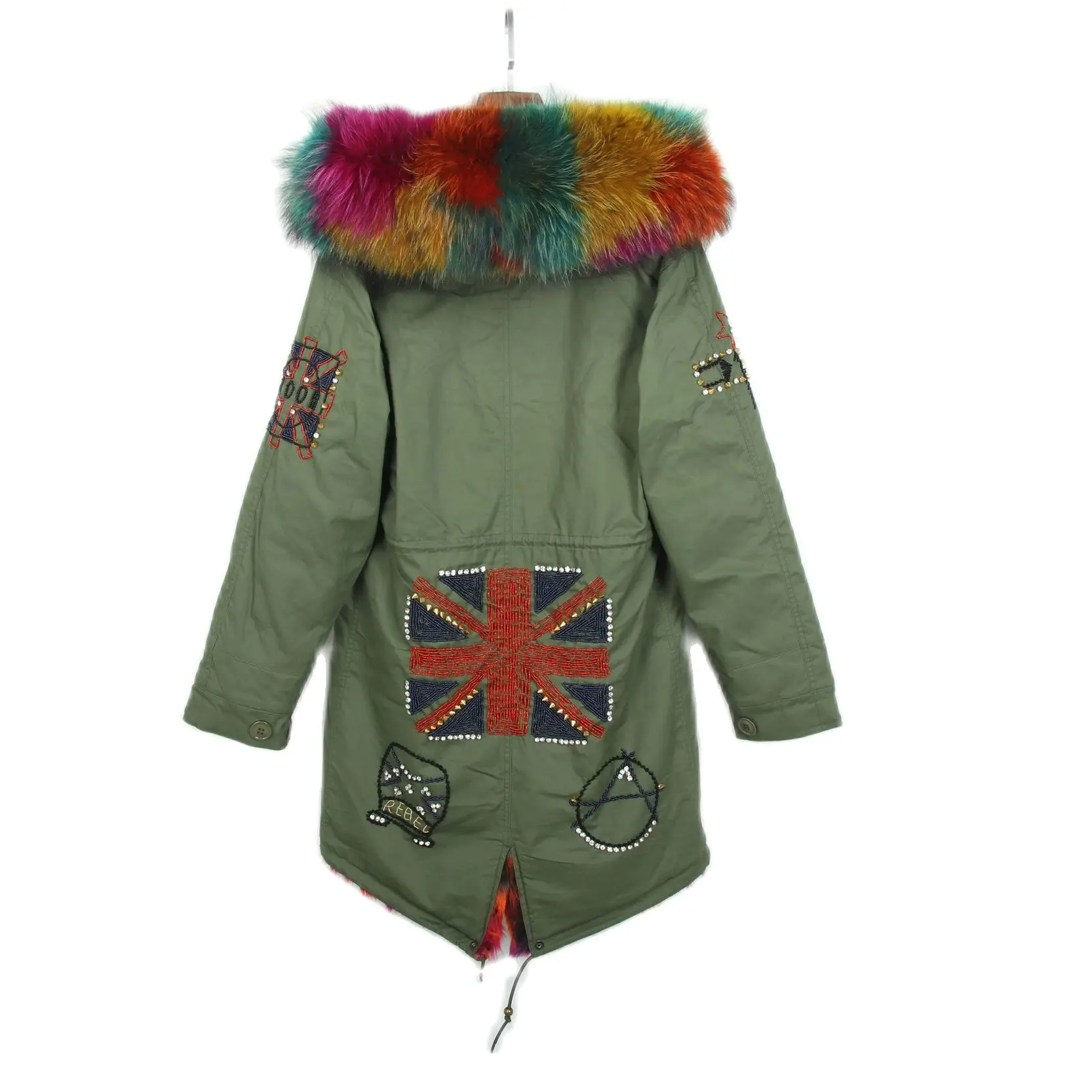 Parka longue brodée de perles colorées pour femmes, pardessus vert en fourrure de lapin