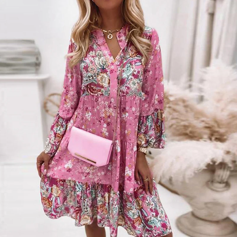 

Bohemian Dress for Women, Casual Mini Printing, Floral Holiday, Outdoor Beach Dresses, Flare Sleeve, Slim Fit, Summer Clothing