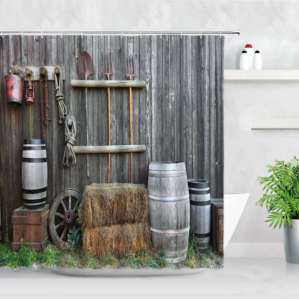 Retro Rustic Wood Doors Shower Curtains Vintage Farm Barn Old Door Home Decor Waterproof Polyester Fabric Bathroom Curtain Set